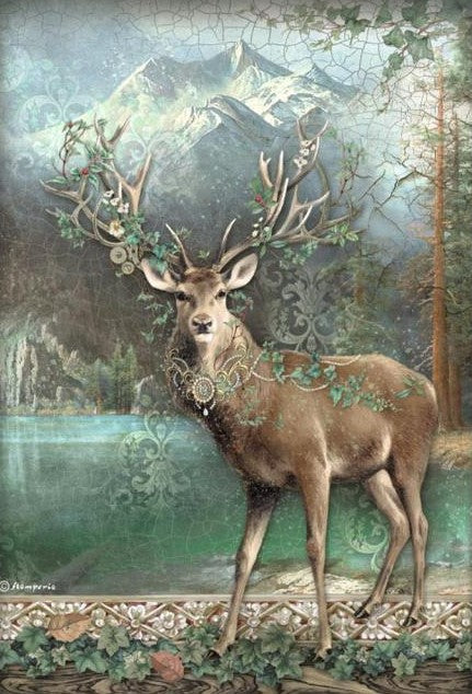 English Stagg in the fall with ivy on antlers by lake in front of mountain Stamperia A4 Rice Paper for Decoupage