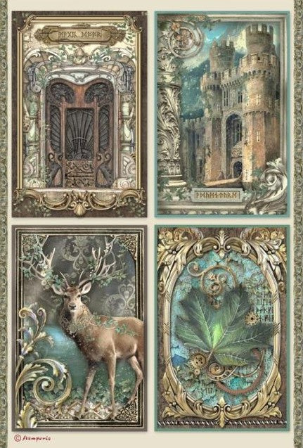 4 cards of old England Castle, Stagg, brown Gate and green leaves Stamperia A4 Rice Paper for Decoupage