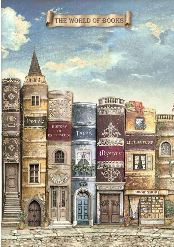 Books lined up like a city block of town houses with a tower world of books Stamperia A4 Rice Paper for Decoupage