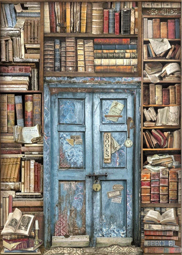 library of old books with blue door Stamperia A4 Rice Paper for Decoupage