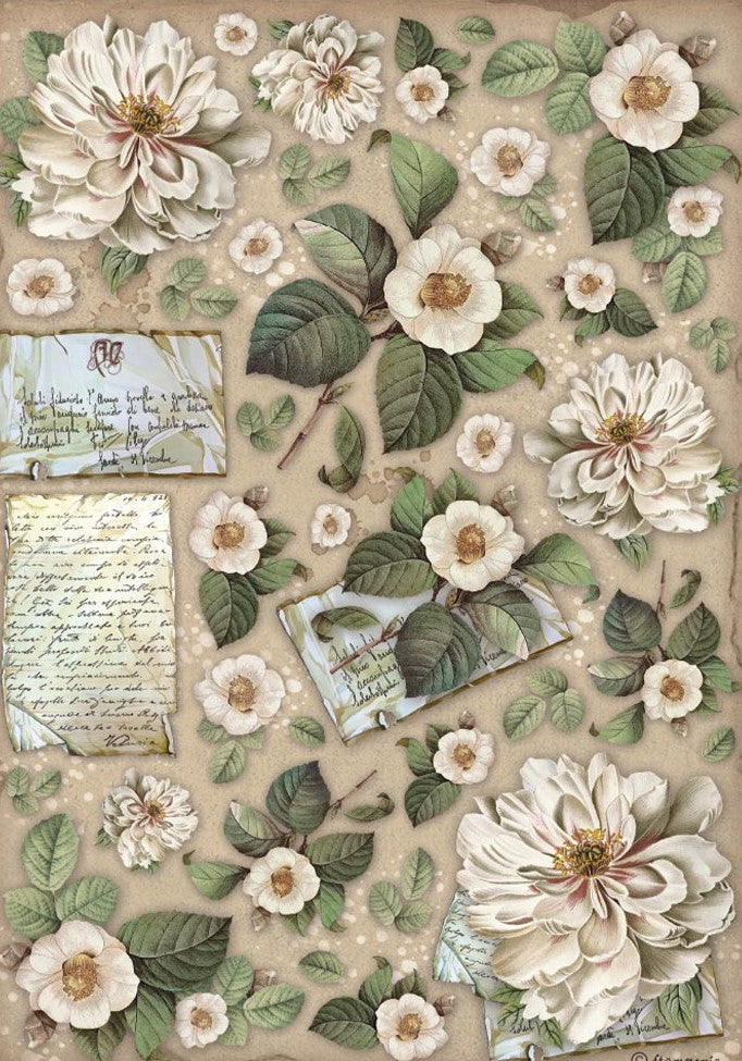 White flowers with green leaves on tan with post card and letters Stamperia A4 Rice Paper for Decoupage