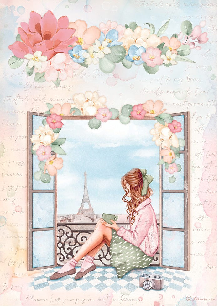 girl in green dress sitting in window with Eiffel tower in the distance Stamperia A4 Rice Paper for Decoupage