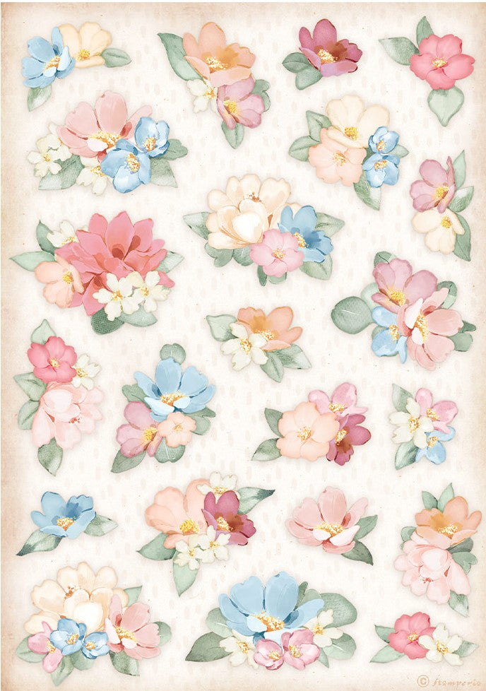 red blue white and pink flowers Stamperia A4 Rice Paper for Decoupage