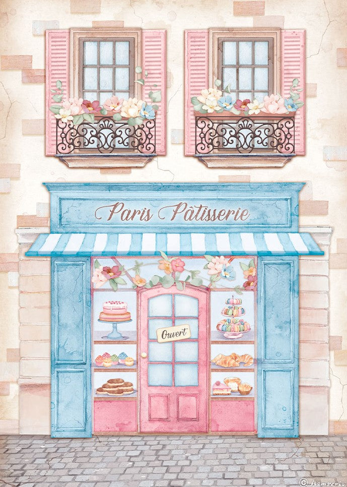 Pastry Shop with blue trim and pink doors and pink window shades Stamperia A4 Rice Paper for Decoupage