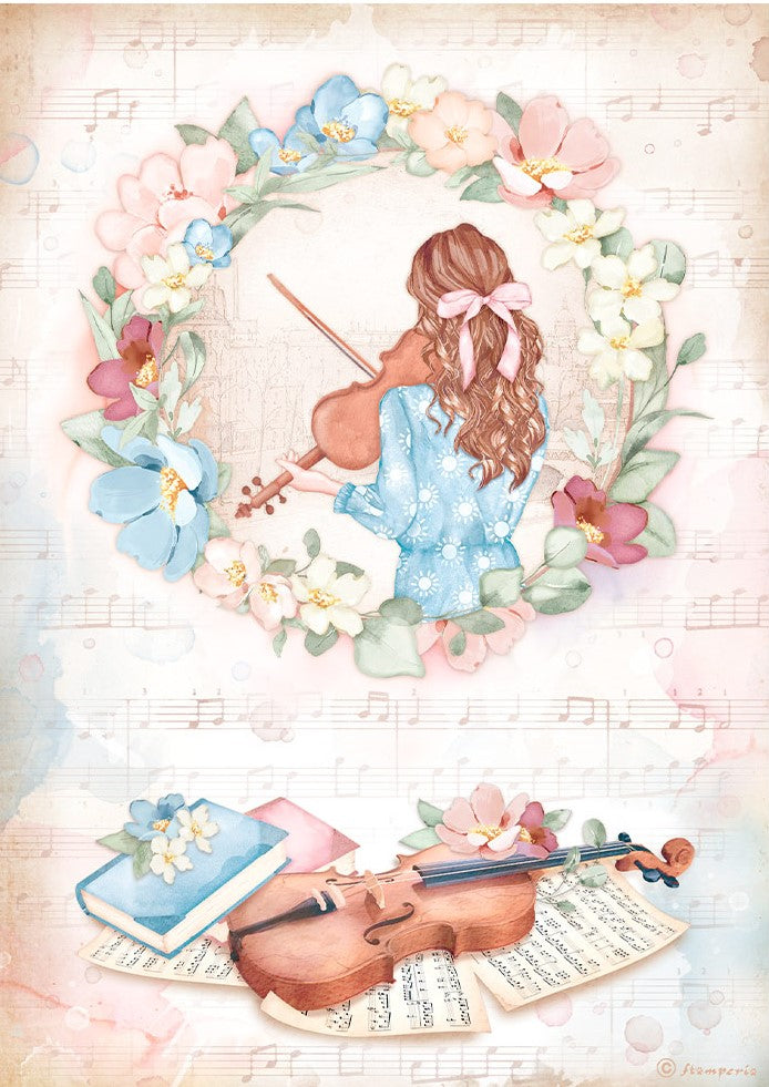girl with brown hair in blue dress playing violin with blue pink red and white flowers Stamperia A4 Rice Paper for Decoupage