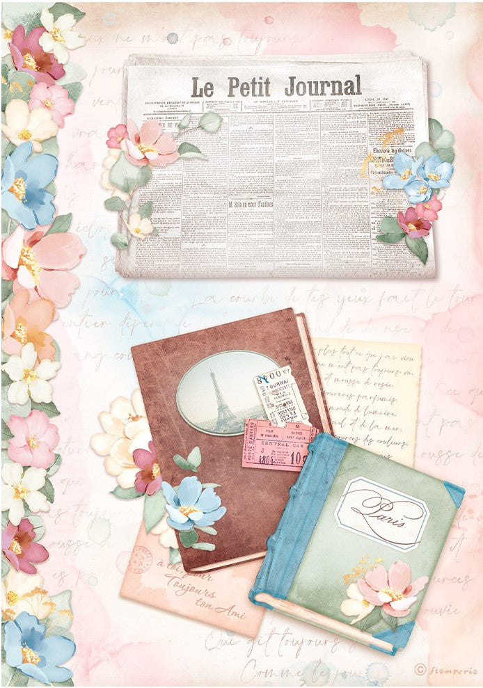 journal of Paris with tickets and new paper with blue white and pink flowers on pink Stamperia A4 Rice Paper for Decoupage
