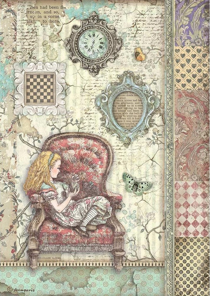 picture of Alice on red chair with butterflies Clocks and chess board Stamperia A4 Rice Paper for Decoupage