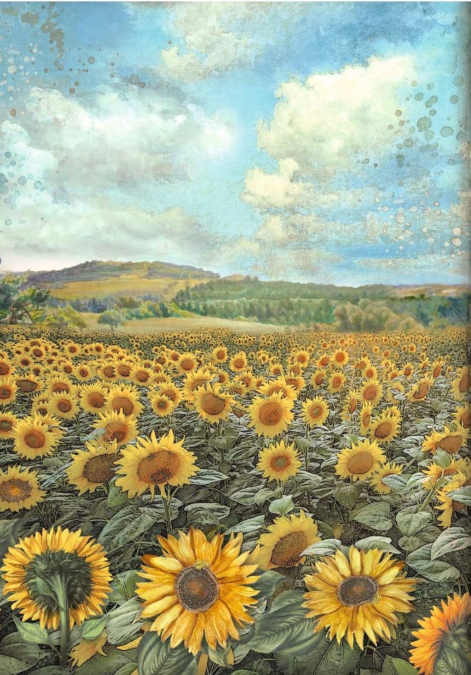 field of yellow sunflowers on hill with blue sky with white clouds Stamperia A4 Rice Paper for Decoupage