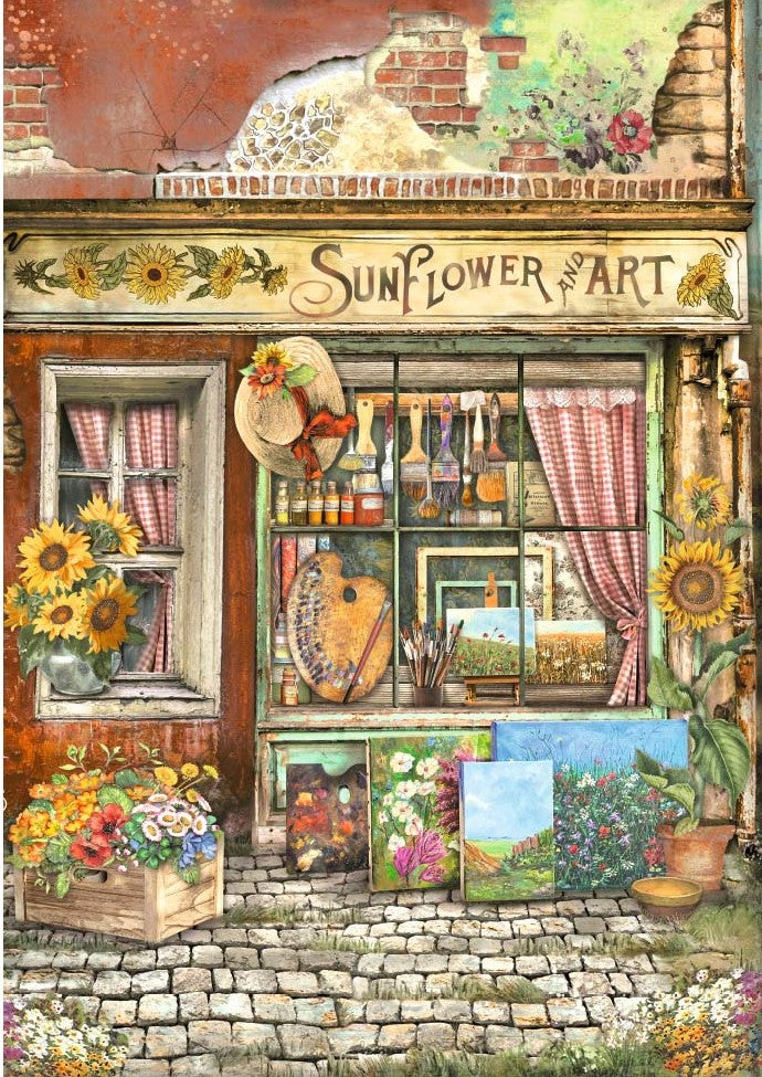 image of a Sunflower and Art Shop with Red Brick  and  gray cobble stone. Stamperia A4 Rice Paper for Decoupage