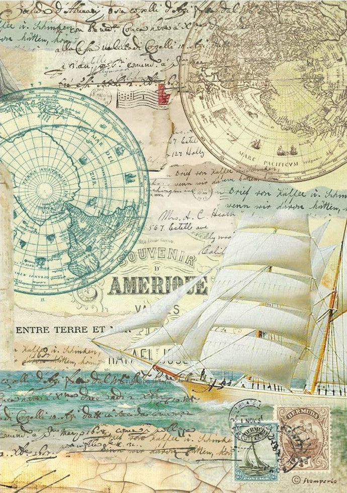 Nautical old world maps on yellow and blue background with script and boat with stamps Stamperia A4 Rice Paper for Decoupage