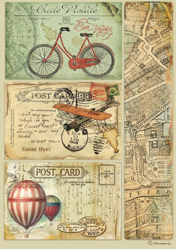 old postcards with red bicycle, old plane, and red and white Hot Air Balloons Stamperia A4 Rice Paper for Decoupage
