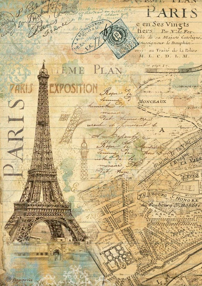 partial map of Pairs on dark yellow with the Eiffel Tower Stamperia A4 Rice Paper for Decoupage