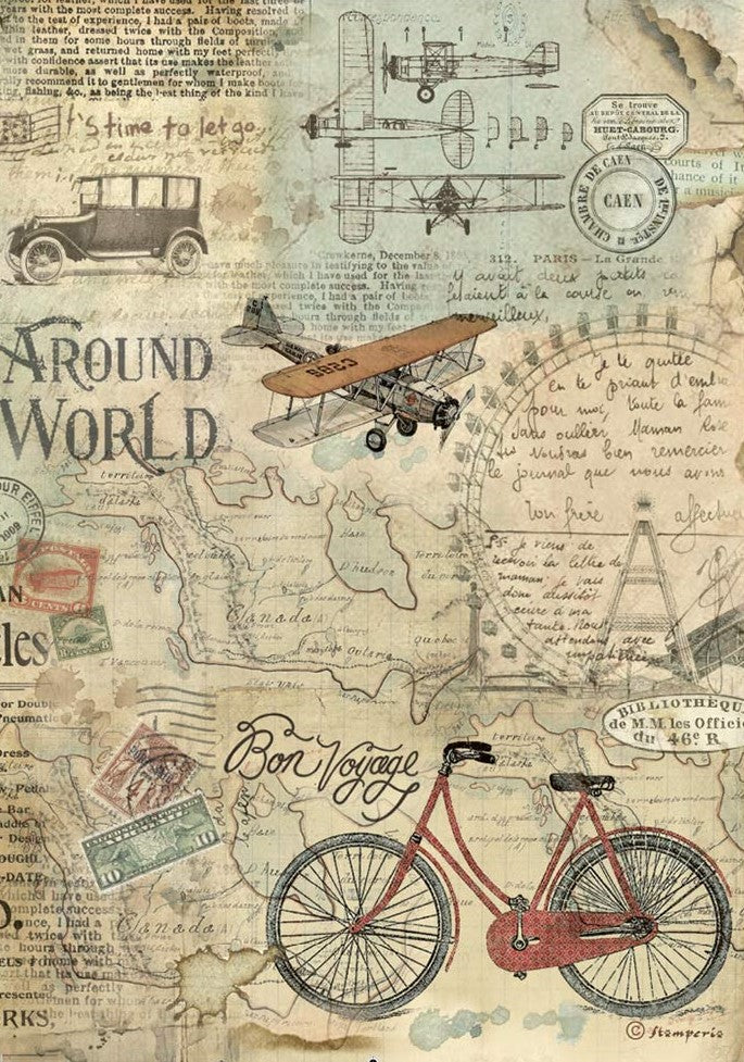 images of old planes, cars and bicycles around the world Stamperia A4 Rice Paper for Decoupage