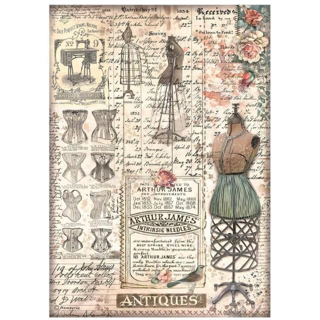 Antique script and pink floral with mannequiin. Stamperia high-quality European Decoupage Paper