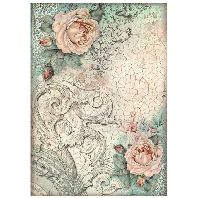 Pink roses with crackle effect vintage background. Stamperia high-quality European Decoupage Paper