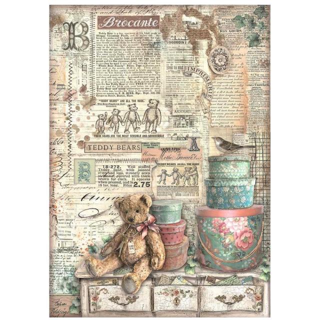 Vintage script and newsprint with old Teddy Bear print. Stamperia high-quality European Decoupage Paper