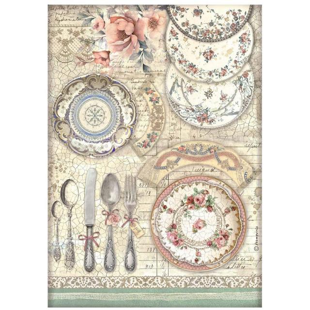Vintage place settings with china plates and cutlery on newsprint. Stamperia high-quality European Decoupage Paper