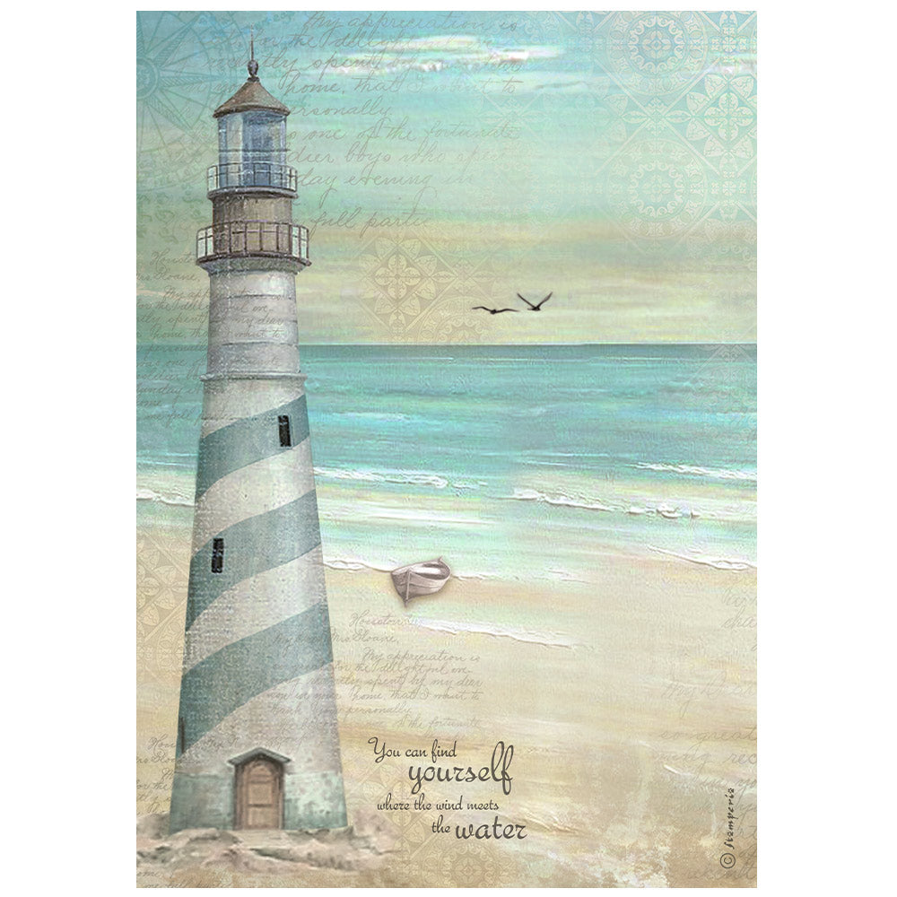 Tall blue striped lighthouse against blue sea print. Stamperia high-quality European Decoupage Paper