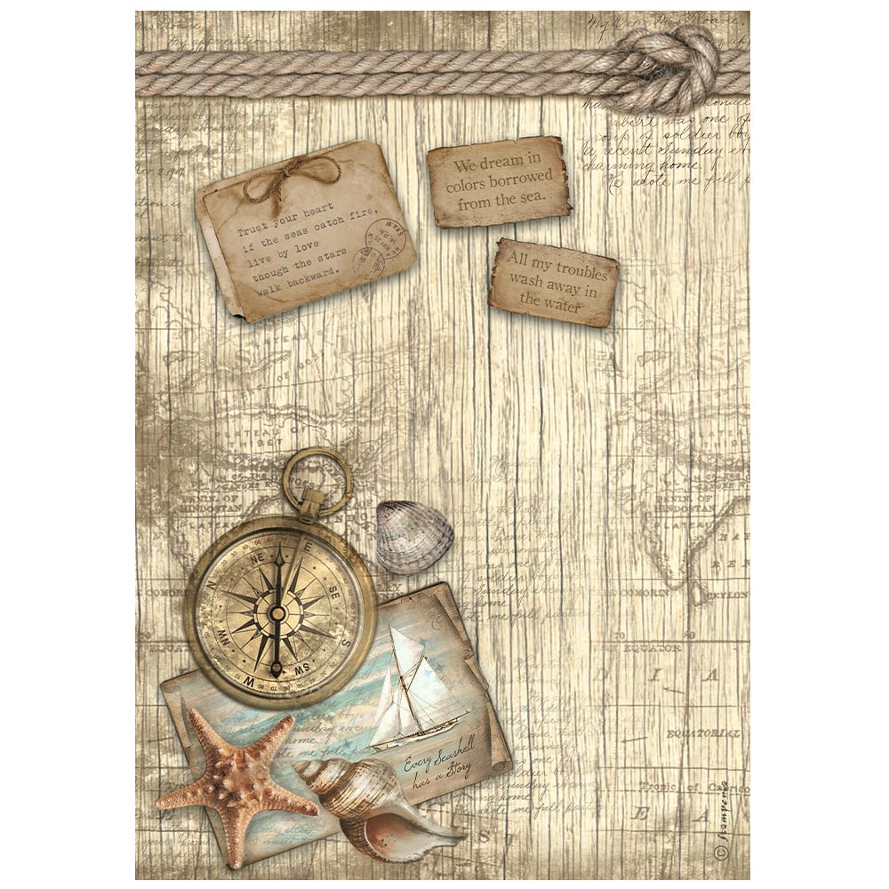 Sepia colored vintage ocean themed artifacts with compass and seashells. Stamperia high-quality European Decoupage Paper