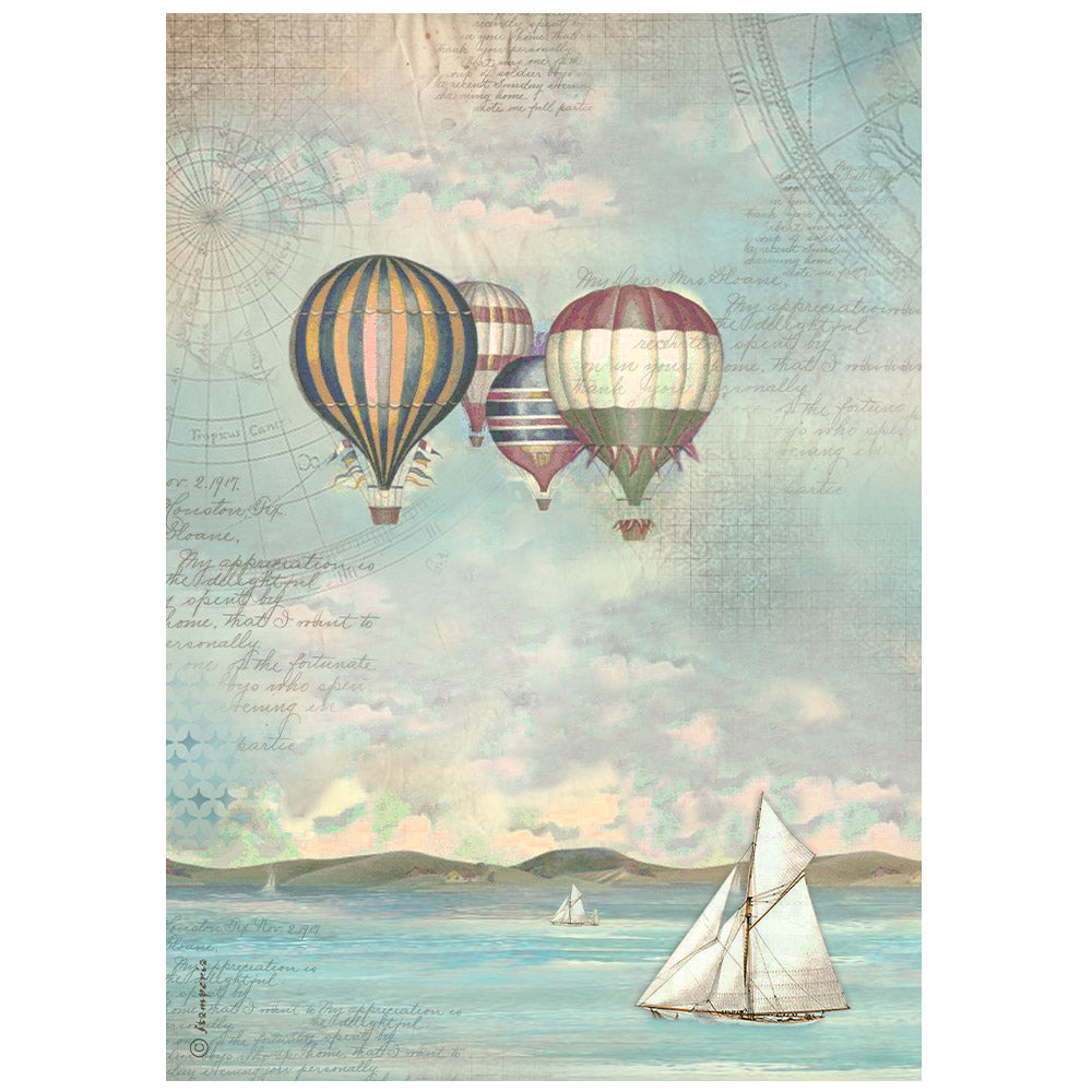 Colorful hot air balloons over ocean scene with sailboat print.  Stamperia high-quality European Decoupage Paper