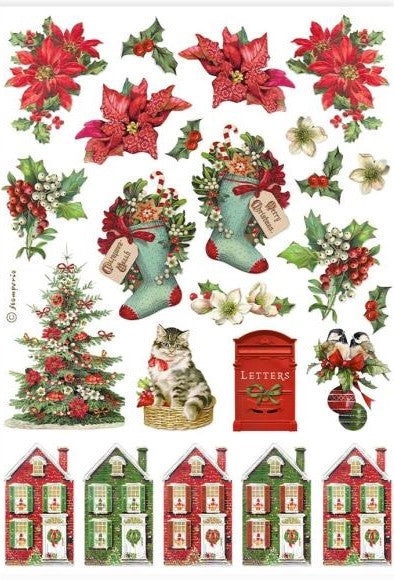 Red poinsettias with stockings and red and green houses. Stamperia high-quality European Decoupage Paper