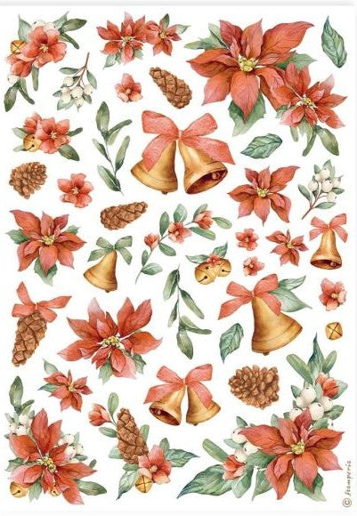 Red Poinsettias gold bells and greenery. Stamperia high-quality European Decoupage Paper