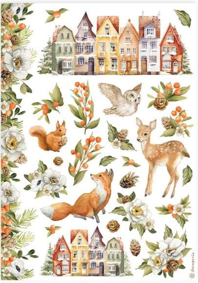 Multi-color houses woodland animals and greenery. Stamperia high-quality European Decoupage Paper