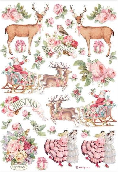 Pink Christmas icons. Santa reindeer flowers. Stamperia high-quality European Decoupage Paper