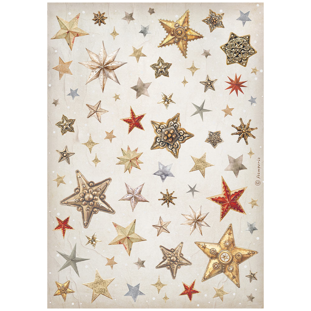 Red gold and silver textured stars on cream background. Stamperia high-quality European Decoupage Paper