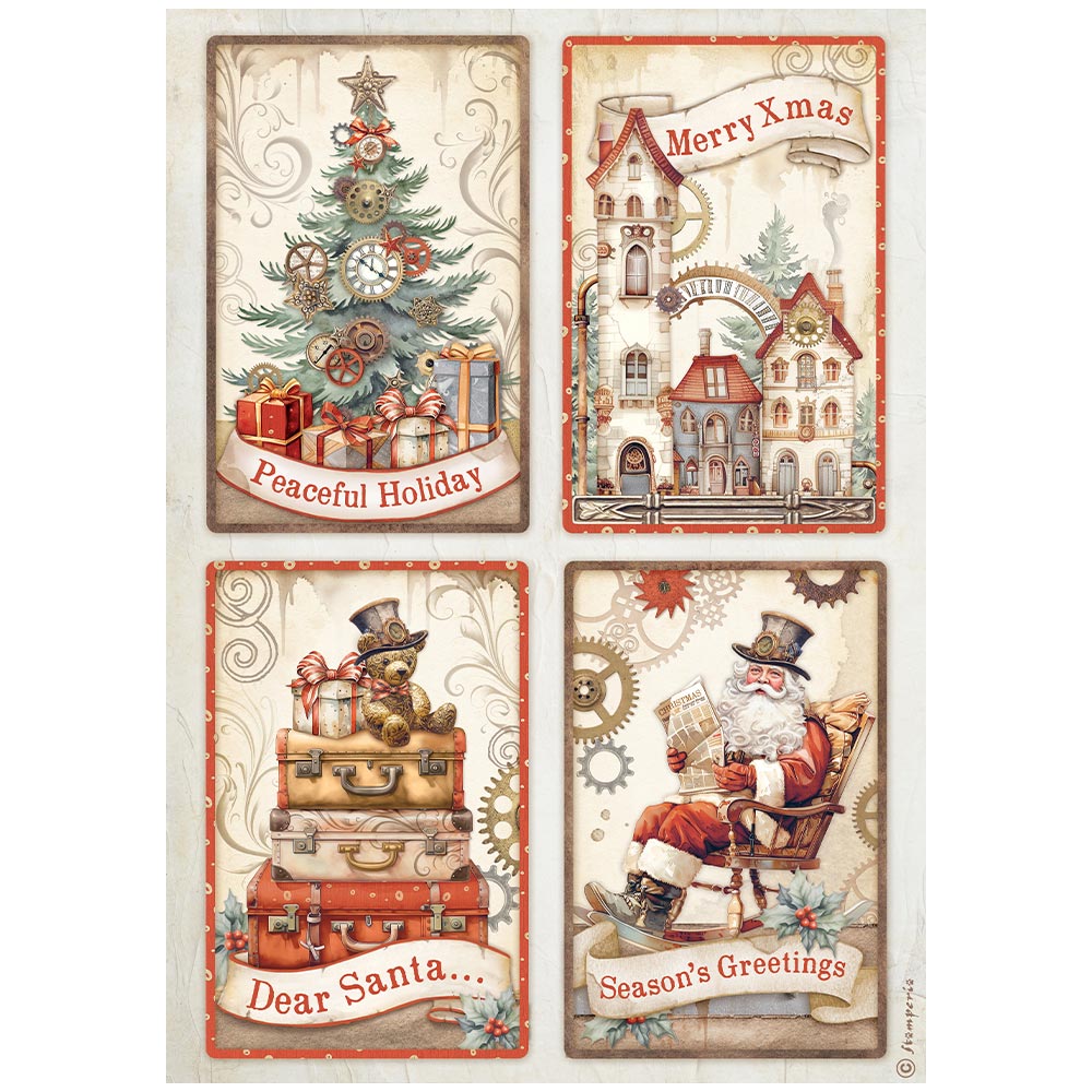 4 images. Christmas tree, houses, luggage, Santa in rocking chair. Stamperia high-quality European Decoupage Paper