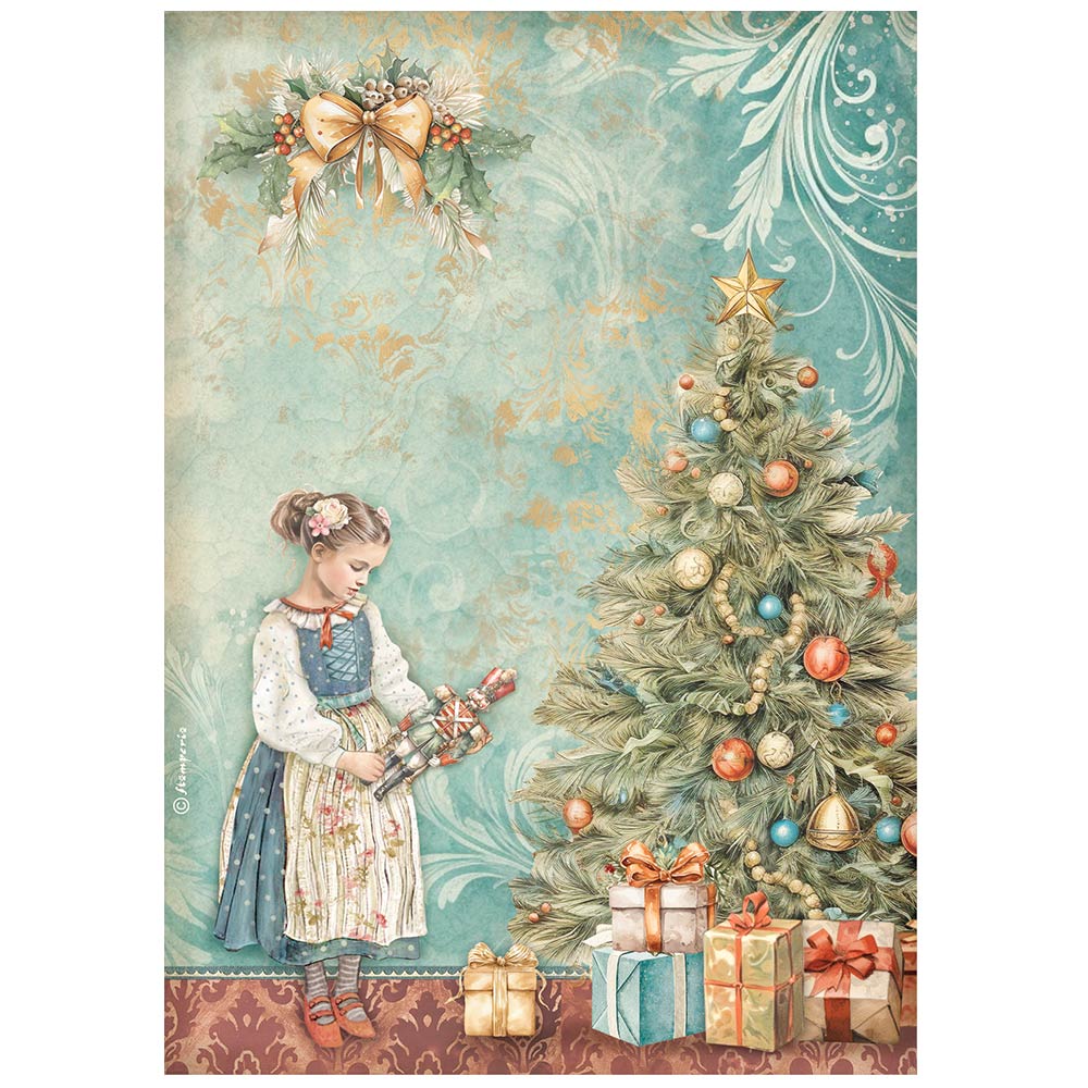 Girl with Nutcracker next to Christmas tree and presents on blue background. Stamperia high-quality European Decoupage Paper