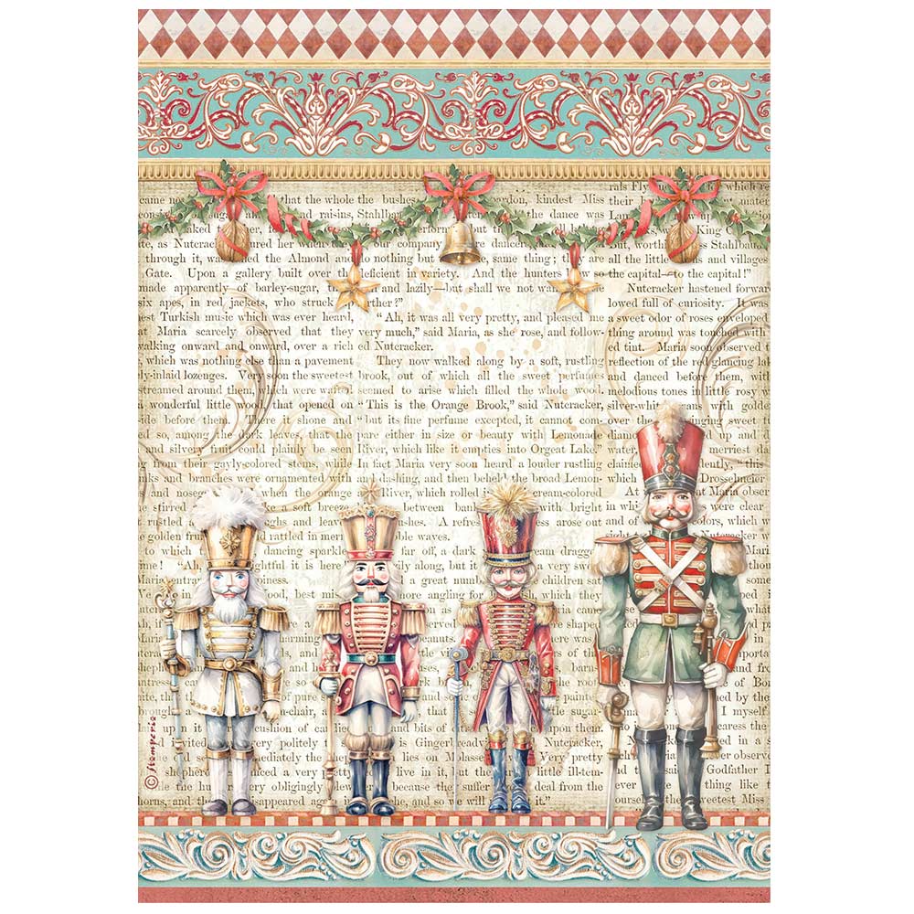 Nutcrackers and soldiers on festive script background. Stamperia high-quality European Decoupage Paper