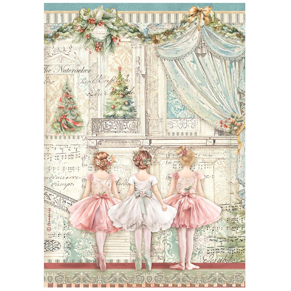 3 pink ballerinas with christmas trees and music notes. Stamperia high-quality European Decoupage Paper