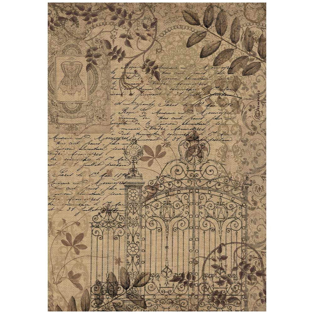 Vintage gate on script background. Stamperia high-quality European Decoupage Paper