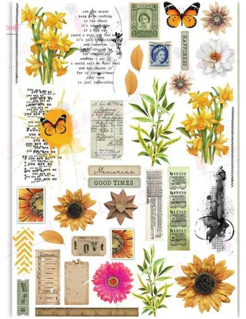 Yellow and Pink flowers; Daffodils and Butterflies Botanical print wet transfer decal paper.