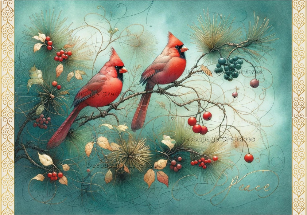 Two Cardinals perched on Fall branches with autumn leaves and berries. A3 decoupage paper.