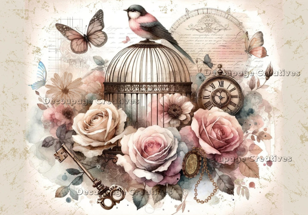 Vintage birdcage with key and clock, locket and flowers. A3 decoupage rice paper.