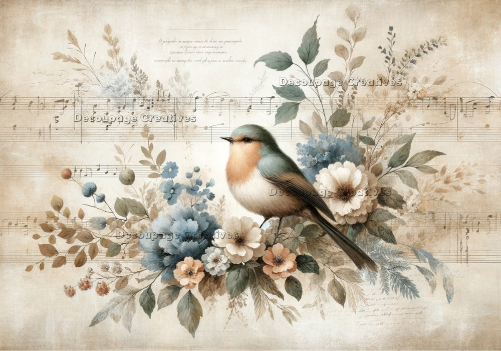 Blue and peach songbird on blue, peach and white floral bouquet with music notes staff on sepia background. A3 rice paper.