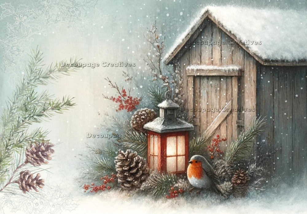 Bird by Lantern in front of brown shed. Snowy scene with pinecones and berries. A3 rice paper.