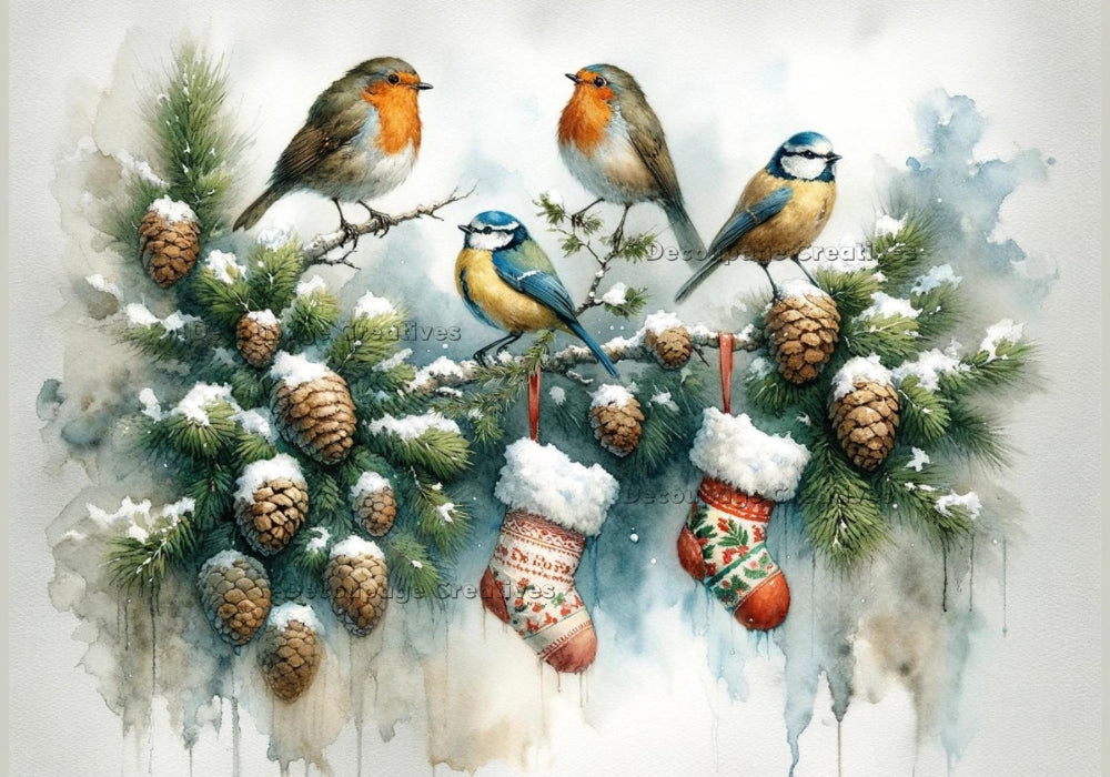 Four colorful birds perched on a branch with pine cones and hanging stockings. Winter scene on A3 decoupage paper.