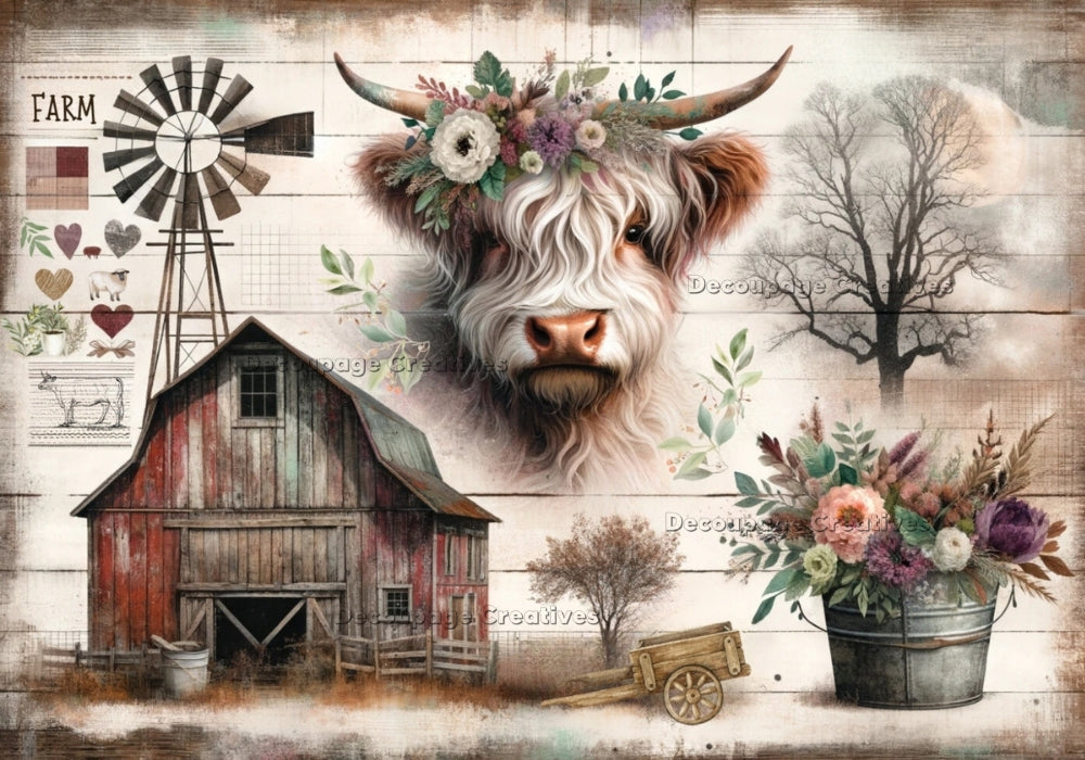 Collage of highlander cow with flowers, flower pot, barn and windmill. Country scene on A3 decoupage rice paper.