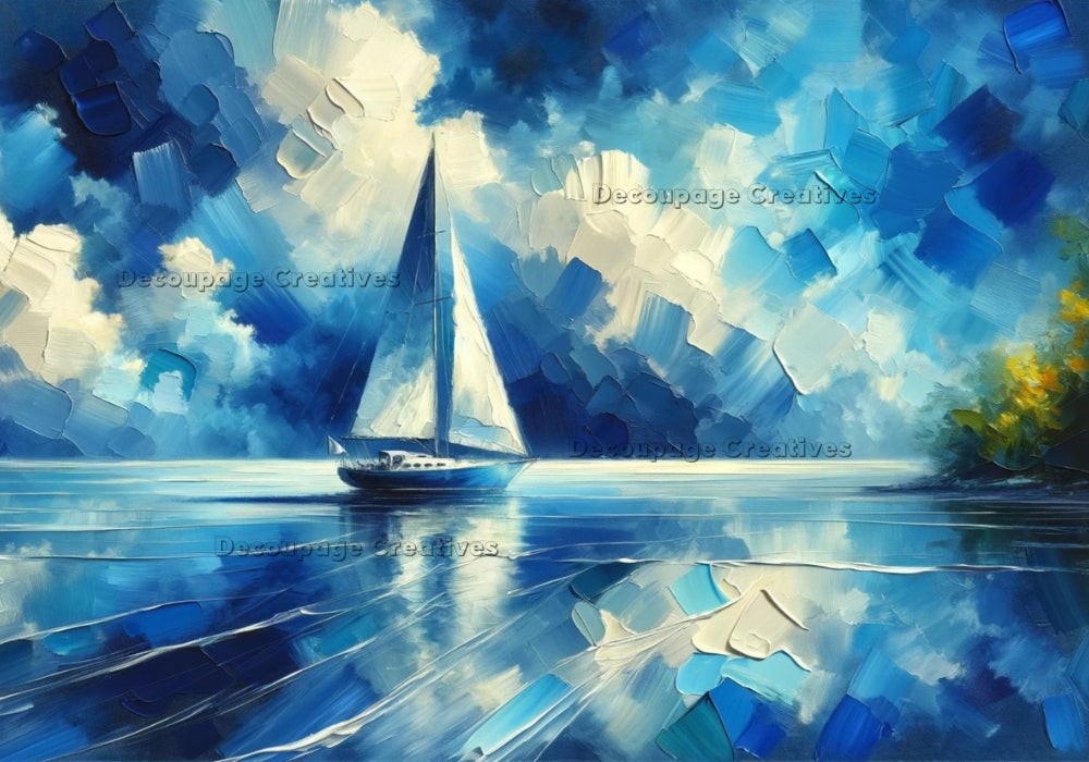 white sails and boat on blue lake and blue white impasto styel  Decoupage Rice Paper from Decoupage Creatives