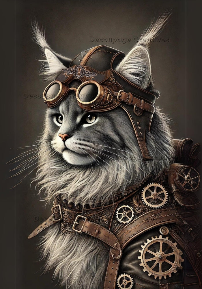 gray cat with steampunk flight cap and vest with goggles on gray background  Decoupage Rice Paper from Decoupage Creatives