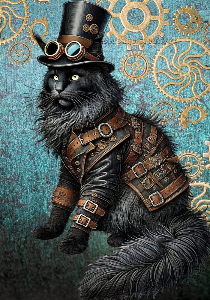 black cat in steampunk outfit with top had and leather vest on blue background with Gold Gears Decoupage Rice Paper from Decoupage Creatives