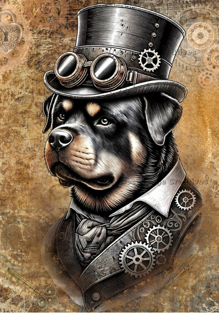 Rottwelier dog in a steampunk hat and vest with black goggles on a gold background with gears Decoupage Rice Paper from Decoupage Creatives