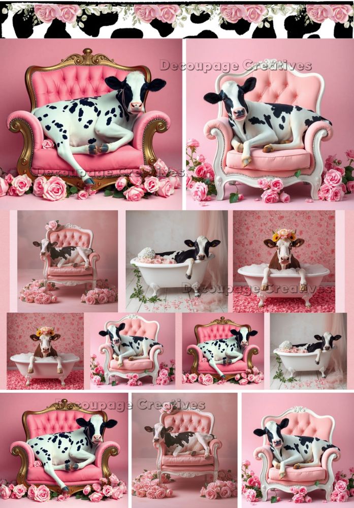 Collage of a cow in various poses on a pink sofa with decorative elements.