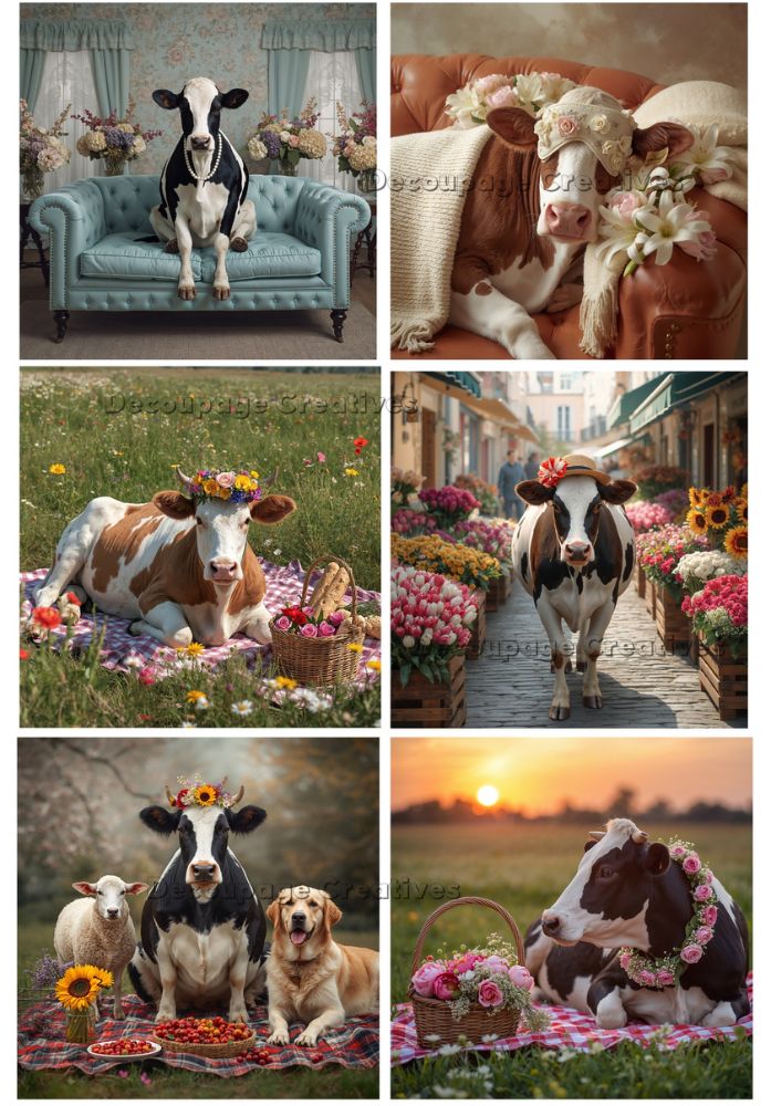Collage of cows in various settings with flowers and other animals.
