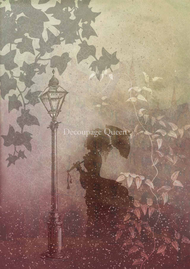 Lady with umbrella silhouette with grey leaves and steetlamp. Colorful European Rice paper used for Decoupage Art, 
