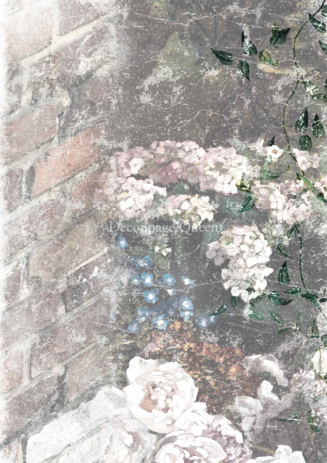 White flowers on pink grey brick. Colorful European Rice paper used for Decoupage Art, Decoupage Crafts and Home Decor. 