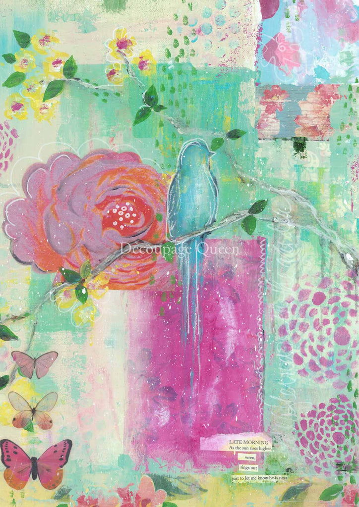 Blue bird on bright colorful pink green blue background. Colorful European Rice paper used for Decoupage Art, Decoupage Crafts and Home Decor. 
